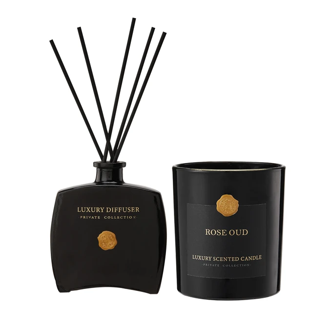 مجموعة شمعة معطرة برائحة الورد و العود & أعواد معطرة من لاكجري - أسود - 2 قطع