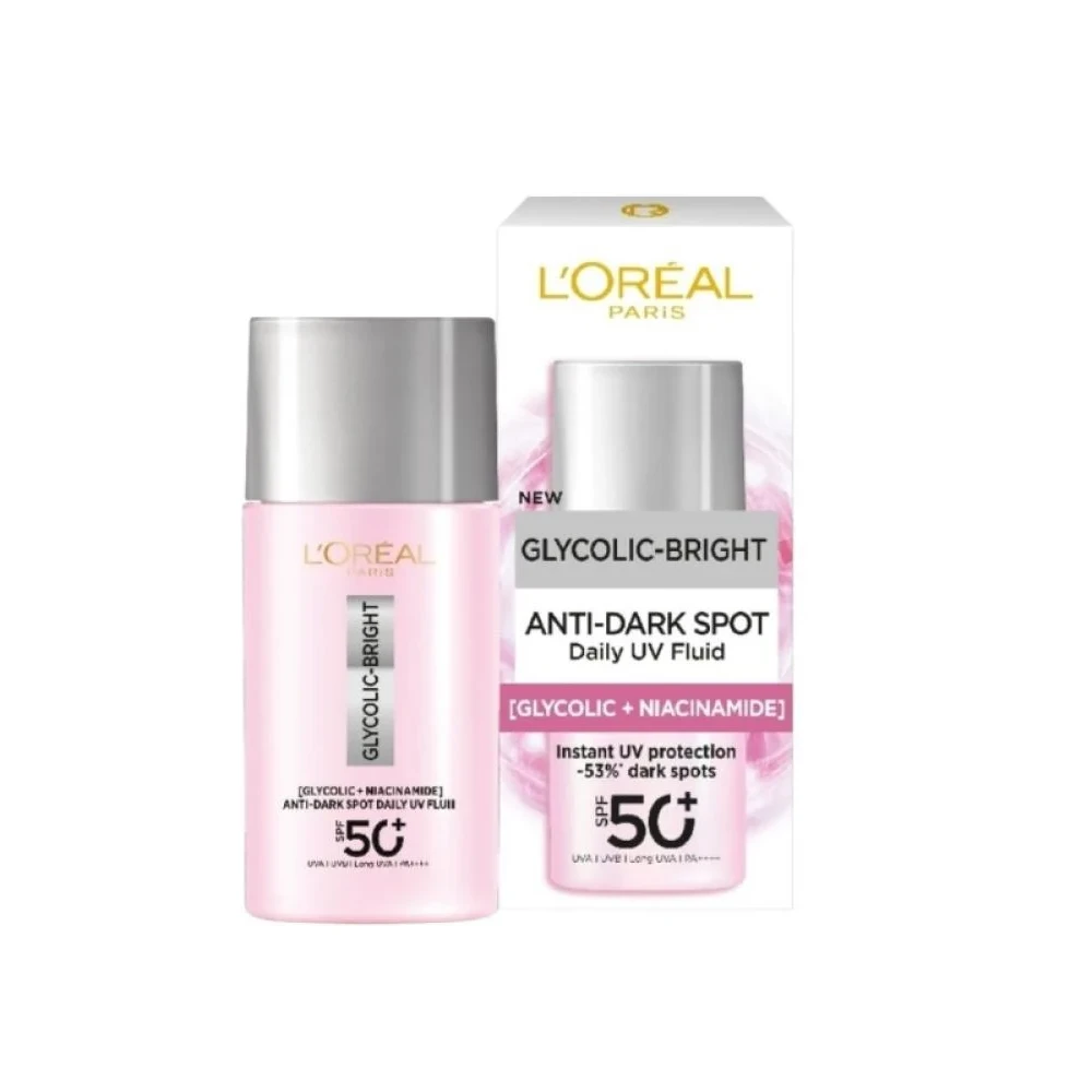 لوريال باريس واقي الشمس غليكوليك برايت يو في السائل بمعامل حماية +SPF 50 PA++++ مضاد للبقع الداكنة غني بحمض الغليكوليك والنياسيناميد يقلّل من البقع الداكنة - 50 مل